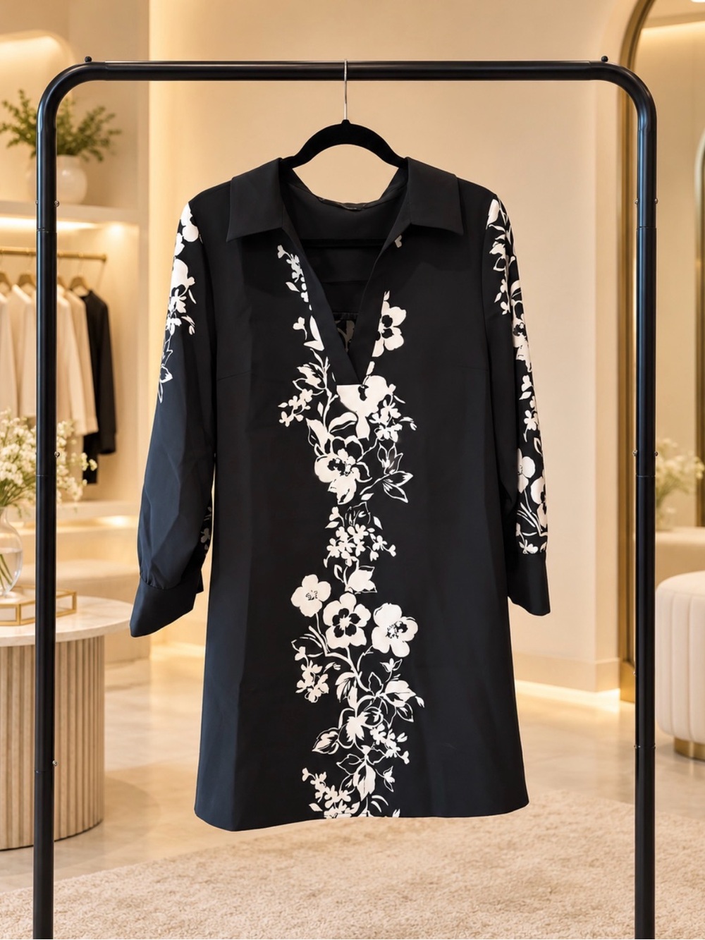 Zara Black Tunic with White Floral Print